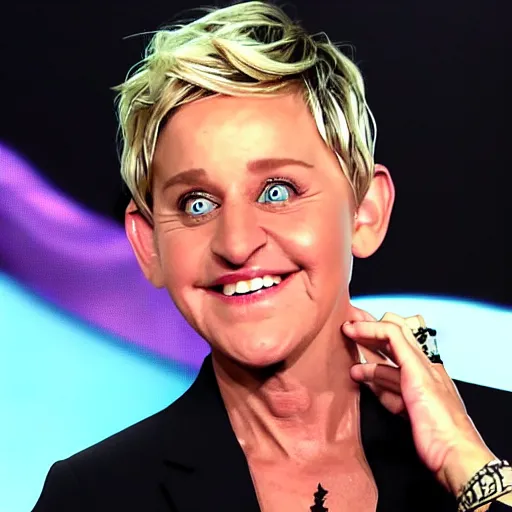 Image similar to ellen degeneres as the devil, pure evil, demonic background