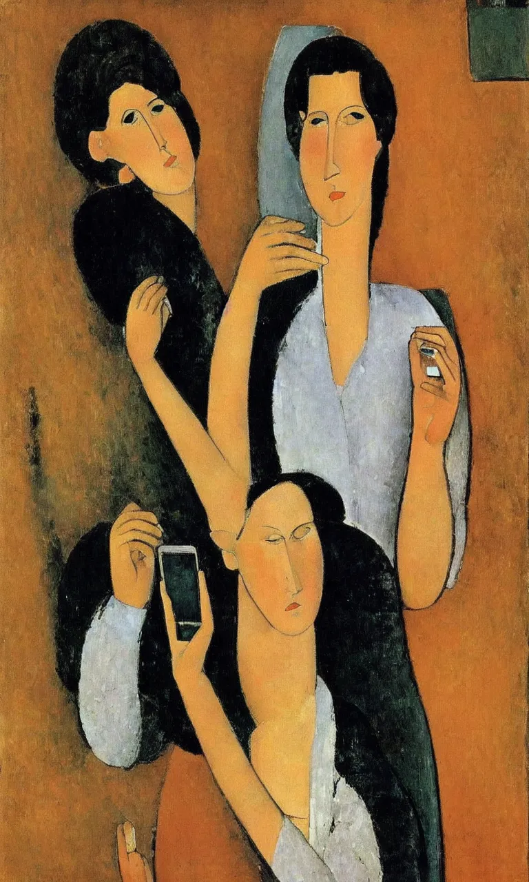 Image similar to amedeo modigliani. portrait of a woman with brown hair and a blue shirt holding an iphone in her hand. very soft brush.
