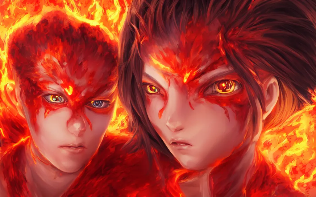 Image similar to A realistic anime portrait of a beautiful fire spirit twins with glowing red eyes and firey skin wearing clothes made of flames, digital painting, by Stanley Artgerm Lau, Sakimichan, WLOP and Rossdraws, digtial painting, trending on ArtStation, SFW version