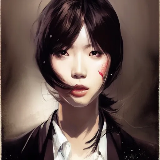 Image similar to portrait of a beautiful korean girl wearing a men's tuxedo, with bangs, very long hair and bangs, angular features, angry expression, dramatic lighting, illustration by Greg rutkowski, yoji shinkawa, 4k, digital art, concept art, trending on artstation