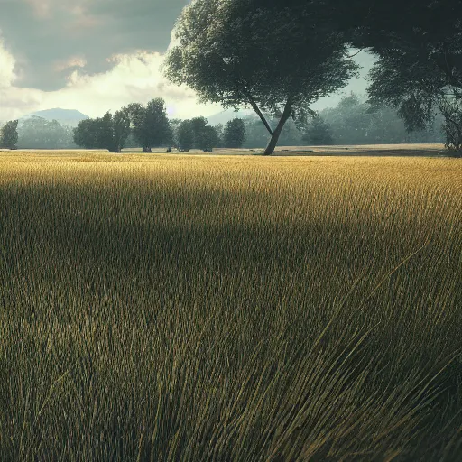 Image similar to landscape field, hyperrealistic, cinematic, unreal engine 5, rain