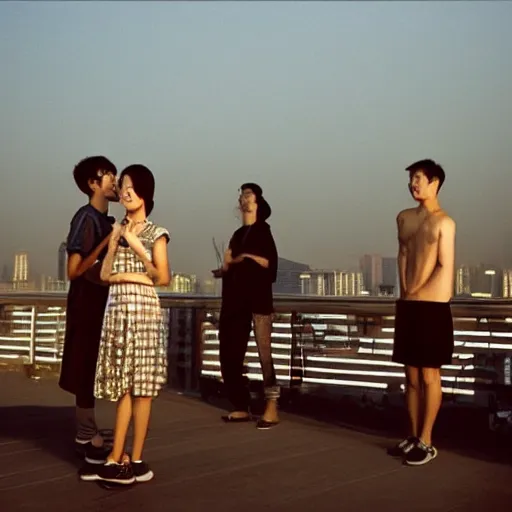 Image similar to a small rooftop with a couple of modern teenagers, standing and talking to each other, highly detailed, wearing black modern clothes, modern shanghai bund is on the background, dust, sunset, by gregory crewdson