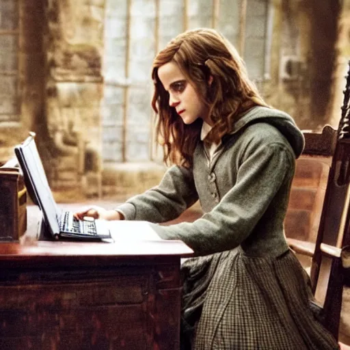 Image similar to Photo of Emma Watson as Hermione Granger using a computer next to Professor McGonagall in Hogwarts