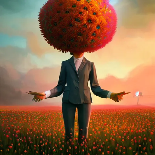 Image similar to giant daisy flower head, frontal, a girl in a suit, surreal photography, sunrise, dramatic light, impressionist painting, digital painting, artstation, simon stalenhag