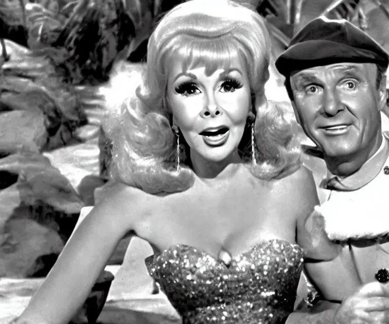 Prompt: barbara eden is a guest - star on an episode of gilligan's island with gilligan and the skipper, video still