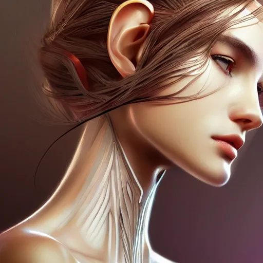 Image similar to Beuatiful Female Android, Half-Body, intricate, elegant, super highly detailed, professional digital painting, artstation, concept art, smooth, sharp focus, no blur, no dof, extreme illustration, Unreal Engine 5, Photorealism, HD quality, 8k resolution, cinema 4d, 3D, beautiful, cinematic, art by artgerm and greg rutkowski and alphonse mucha and loish and WLOP