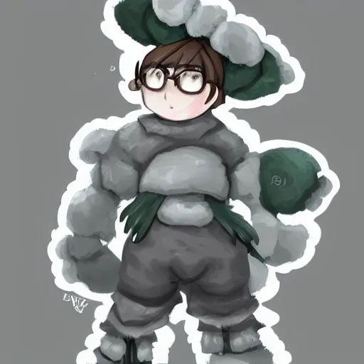 Image similar to little boy wearing sheep suit. white, gray, blue, green and brown pallet color. made in abyss art style, inspired in kris from deltarrune, cute detailed artwork, anatomically proportional