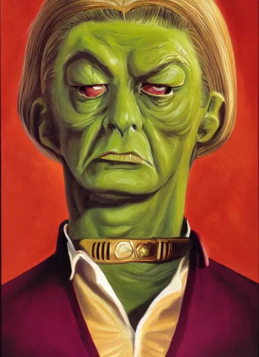 Prompt: oil painting portrait of a lizard person, a gorn from star trek, wearing a blonde wig in a movie poster for gone with the wind