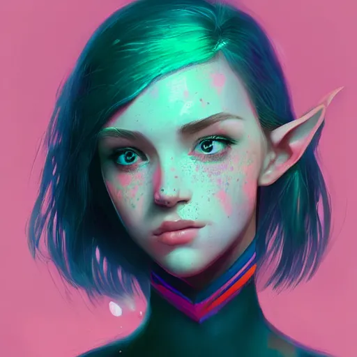 Image similar to girl portrait, elven warrior princess, head and shoulders, matte print, pastel pink, neon highlights, digital art, cute freckles, digital painting, fan art, elegant, pixiv, by Ilya Kuvshinov, daily deviation, IAMAG