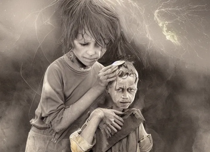 Image similar to A poor child in the Great Depression being visited by aliens, digital art, 4K, highly detailed