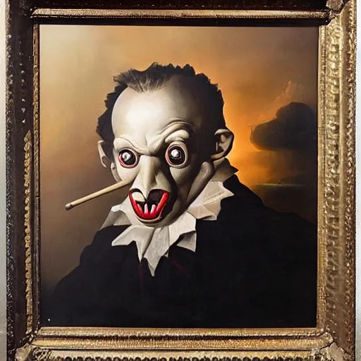 Image similar to oil painting with black background by christian rex van dali todd schorr of a chiaroscuro portrait of an extremely bizarre disturbing mutated man with acne intense chiaroscuro obscuring features lighting perfect composition masterpiece