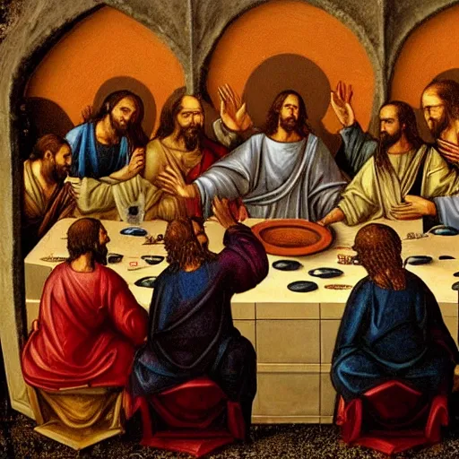 Prompt: the true last supper, jesus and his disciples, religious iconography