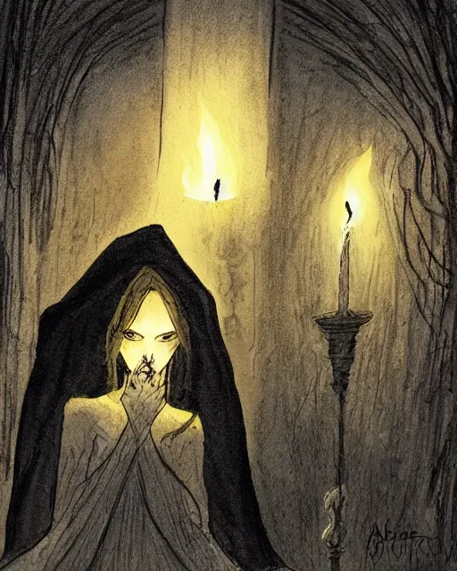 Image similar to a mystical witch in a black shawl, surrounded by lit red candles floating in the air, in an underground dungeon. by abigail larson