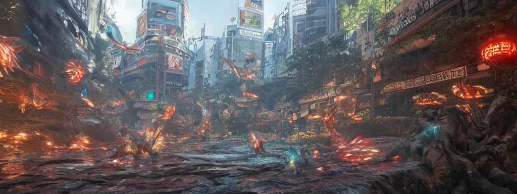 Image similar to large sinkhole in the middle of shibuya tokyo, with ancient glowing spiked wyvern flying creatures emerging from the hole, in the style of monster hunter world, like concept art on artstation, hyperdetailed, vray render, octane render,