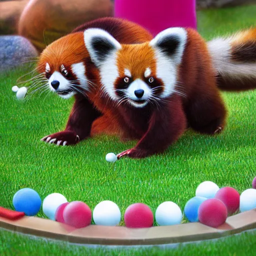 Prompt: very cute friendly happy high energy red pandas at a garden party playing croquet, artwork by Don Bluth, 3D render, UE5, 8K, 4K