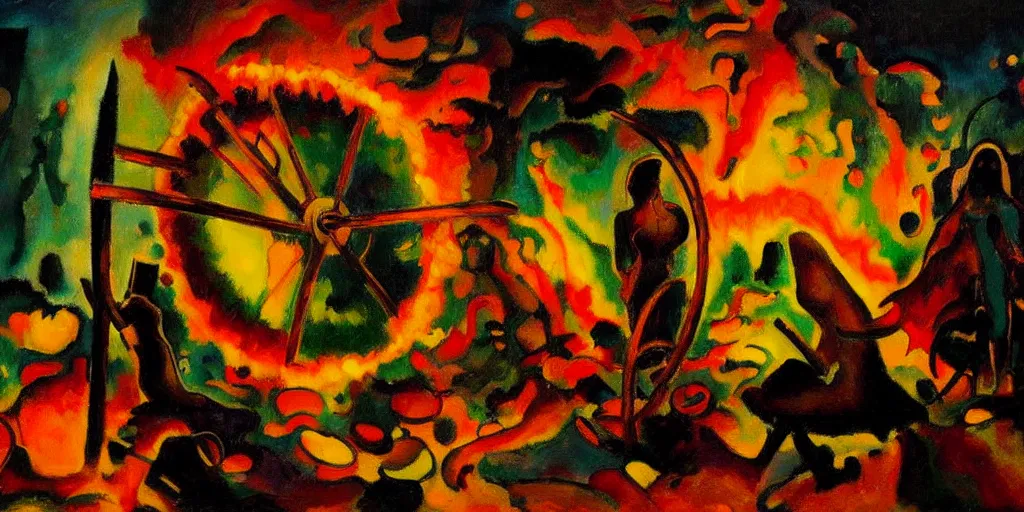 Image similar to trapped on a hedonic treadmill, dark uncanny surreal painting by ronny khalil, and kandinsky, dramatic lighting from fire glow, mouth of hell, ixions wheel