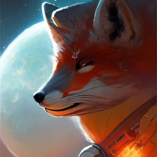 Image similar to an anthropomorphic fox human astronaut,digital art,detailed face,art by greg rutkowski,trevor henderson,fluffy,western comic book style,photorealistic,professional lighting,hyperdetailed,high resolution,high quality,dramatic,deviantart,artstation,4k,real photo