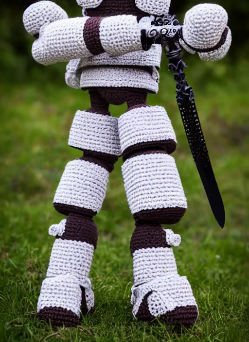 Image similar to a crochet mecha, holding a sword, realistic, no cropping, full body, Sigma 50 mm f/1.4