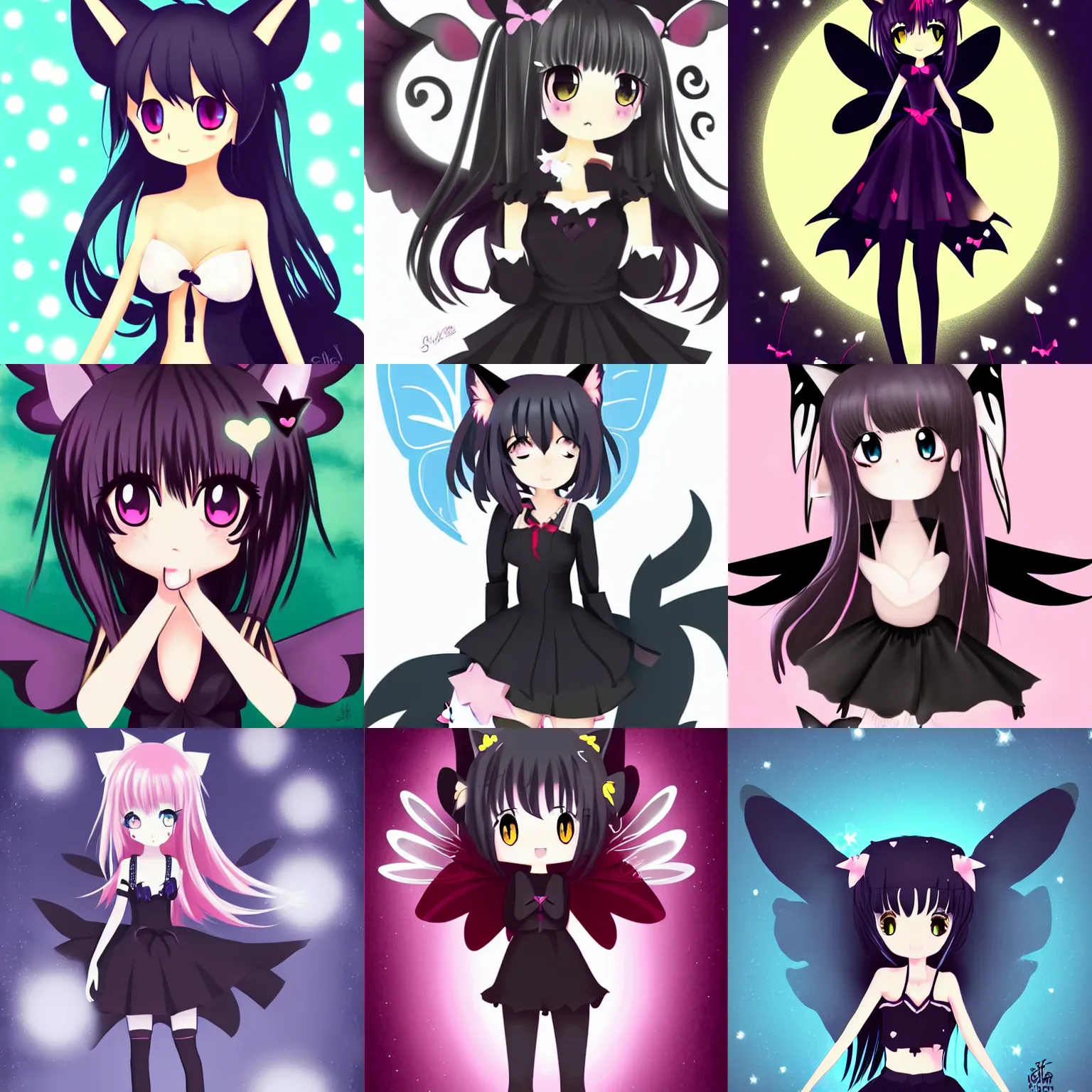 Image similar to cute, full body, female, anime style, a salem black cat girl with fairy wings, large eyes, beautiful lighting, sharp focus, simple background, creative