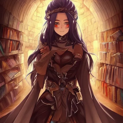Image similar to “A detailed beautiful anime woman with brown flowing hair, long blue cape, decorative leather armor, surrounded by a catacomb of books, trending on artstation, by rossdraws”