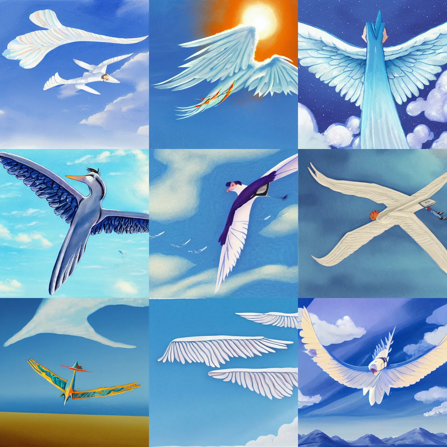 Prompt: ice wing flying in a blue sky, by joy ang, book illustration.