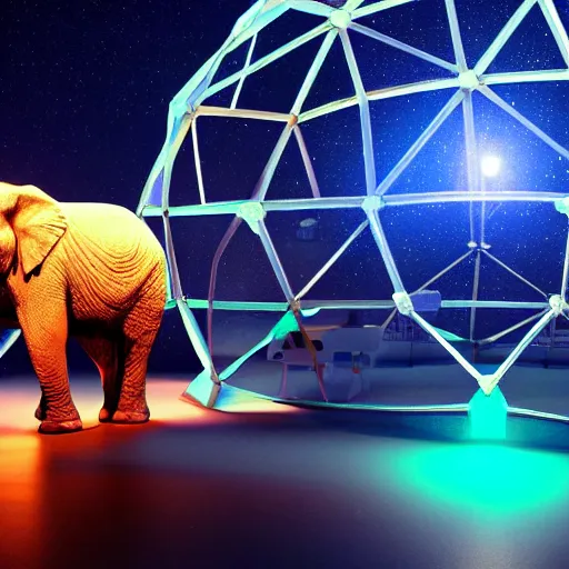 Prompt: a hyperrealistic photograph 3D octane render of an elephant wearing virtual reality goggles playing a synthesizer inside of a geodesic dome planetarium with planets and galaxies, trending on artstation, 8k, 4K, dramatic lighting, glowing, volumetric lighting, ray tracing, unreal engine