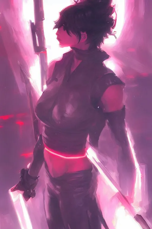 Image similar to portrait of ninja slayer, japan, neon lighting, night city, digital art from artstation by Ruan Jia and Mandy Jurgens and Artgerm and william-adolphe bouguereau and Greg Rutkowski