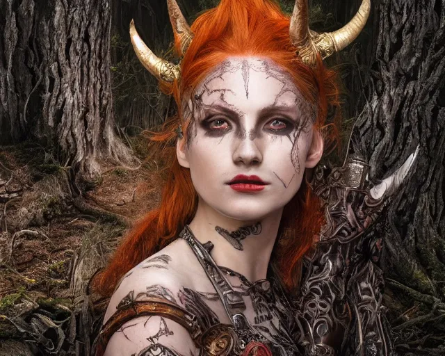 Image similar to 5 5 mm portrait photo of an armored gorgeous anesthetic redhead woman warrior with a face tattoo and horns growing from her head, in a magical forest in the style of stefan kostic, art by luis royo. highly detailed 8 k. intricate. lifelike. soft light. nikon d 8 5 0. cinematic post - processing