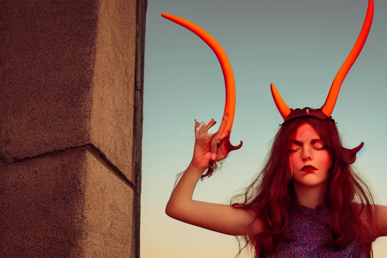 Prompt: pretty demon girl with horns photograph in the style of clemens ascher, colorful, realistic, 8 k, portrait, ambient lights,