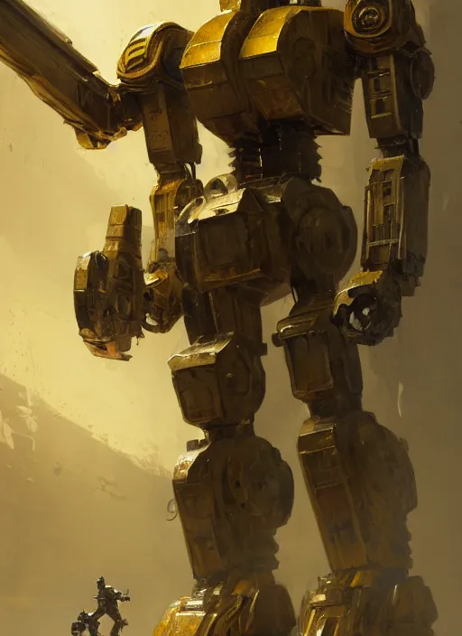 Prompt: human-sized strong intricate yellow pit droid carrying very detailed perfect antique great sword and beautiful large paladin shield, pancake short large head, exposed metal bones, painterly humanoid mecha, away, by Greg Rutkowski