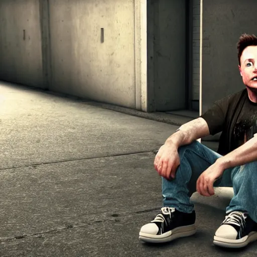 Image similar to portrait of elon musk as a homeless person, ultra realistic photography, highly detailed, photorealistic, octane render, 8 k, unreal engine