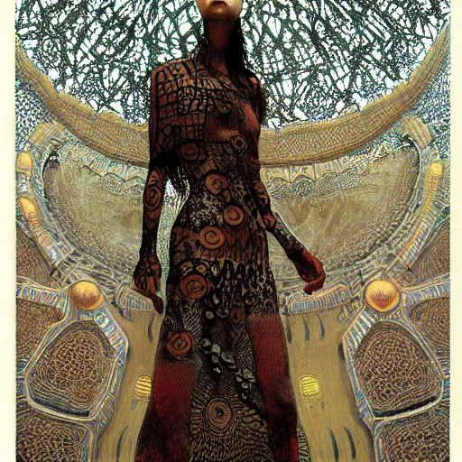 Prompt: portrait of tall, long-necked lipless mutant woman covered with elaborately patterned brown and white scales wearing gauze toga and standing in cyberpunk art deco mosque by Beksinski, Bruegel, Greg Rutkowski, Alphonse Mucha, and Yoshitaka Amano
