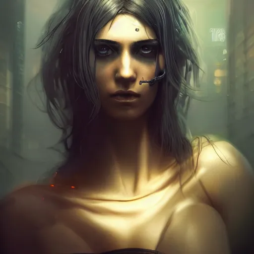 Prompt: cyberpunk woman, scifi, illustration, slender symmetrical face and body, artstation, cinematic lighting, hyperdetailed, cgsociety, 8 k, high resolution, inpirate by charlie bowater, tom bagshaw, insanely detailed and intricate, beautiful, elegant, golden ratio, dark fractal background, vfx, art deco, postprocessing