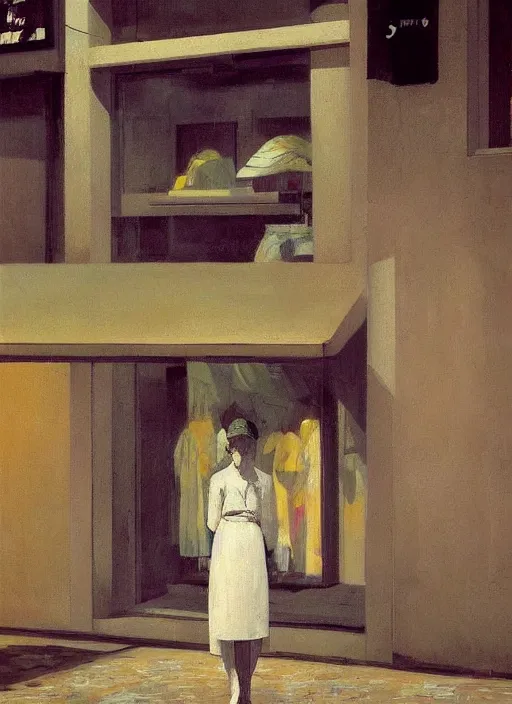 Prompt: woman in a translucent clothing made from plastic bag with paper bags for clothes standing inside paper bags with paper bag over the head at store display on flooded night street Edward Hopper and James Gilleard, Zdzislaw Beksinski, highly detailed