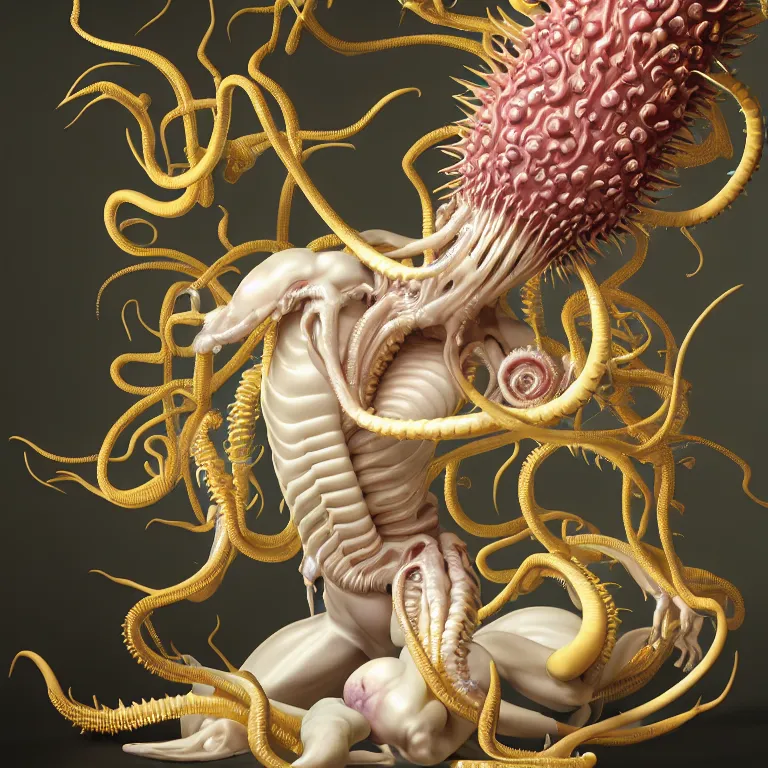 Prompt: still life of white xenomorph, beautiful pastel color tropical flowers, glossy metallic human spine, spiky tentacles, human body parts, colorful mold, baroque painting, beautiful detailed intricate insanely detailed octane render, 8K artistic photography, photorealistic, perfect composition, golden ratio, chiaroscuro, Raphael, Caravaggio