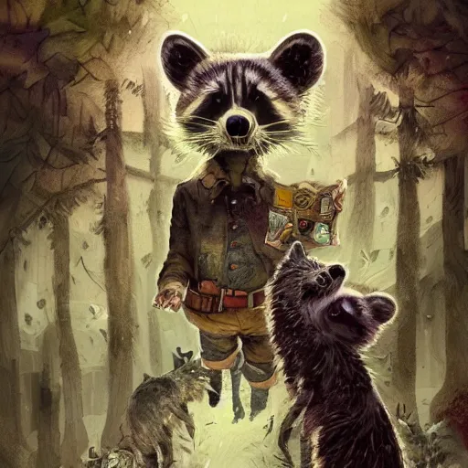 Image similar to Frank Dillane covered in raccoons, digital painting, old english, whimsical background by marc simonetti, artwork by liam wong