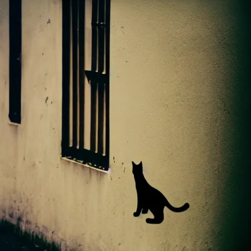 Prompt: medium - shot of a blurry cat silhouette at the wall in the street, colours, polaroid photo