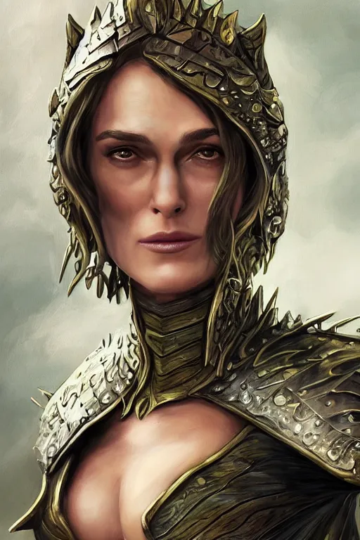 Prompt: A fantasy comic book style, composite portrait painting of Keira Knightley, Cory Chase as an Atlantean, Reptilian Warrior, Mystical Valkyrie, Armor, Sword, Spear, Sheild, François Boucher, Oil Painting, unreal 5, DAZ, hyper realistic, Photorealistic, octane render, Regal, Refined, Coherent, Detailed Digital Art, RPG portrait, William-Adolphe Bouguereau, Michael Cheval, Walt Disney (1937), Steampunk, Golden dappled dynamic lighting, Highly Detailed, Theophanic atmosphere, Cinematic Lighting, Unreal Engine, 8k, HD