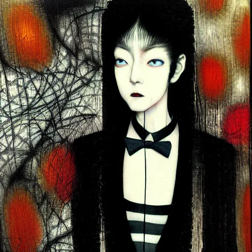 Image similar to yoshitaka amano blurred and dreamy realistic three quarter angle portrait of a young woman with black lipstick and black eyes wearing dress suit with tie, junji ito abstract patterns in the background, satoshi kon anime, noisy film grain effect, highly detailed, renaissance oil painting, weird portrait angle, blurred lost edges