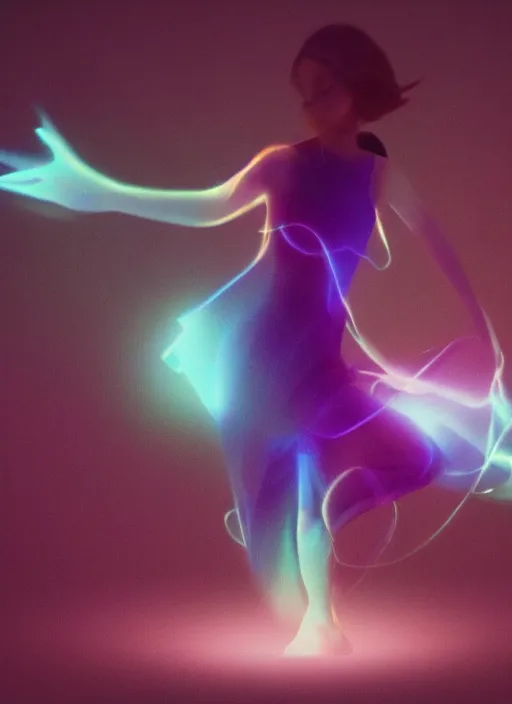 Image similar to female floating, glowing aura, motion blur, film grain, cinematic lighting, experimental film