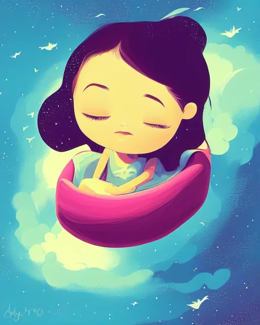 Image similar to beautiful painting of little girl sleeping on her flying bed, art by petros afshar, sky night, illustration, highly detailed, simple, smooth and clean vector curves, no jagged lines, vector art, smooth, artstation