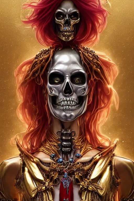 Image similar to androgyne lich skeleton made of iridescent metals and shiny gems covered with blood, long red hair, golden necklace, ultra realistic, concept art, intricate details, highly detailed, photorealistic, octane render, 8 k, unreal engine. dnd art by artgerm and greg rutkowski and alphonse mucha