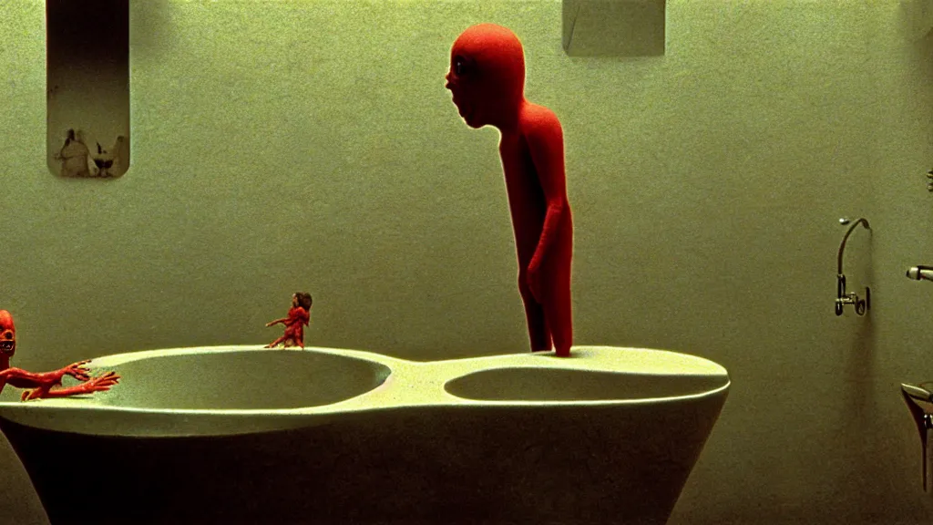 Prompt: the creature in the sink, they taunt look at me, film still from the movie directed by wes anderson and david cronenberg with art direction by salvador dali and zdzisław beksinski, wide lens