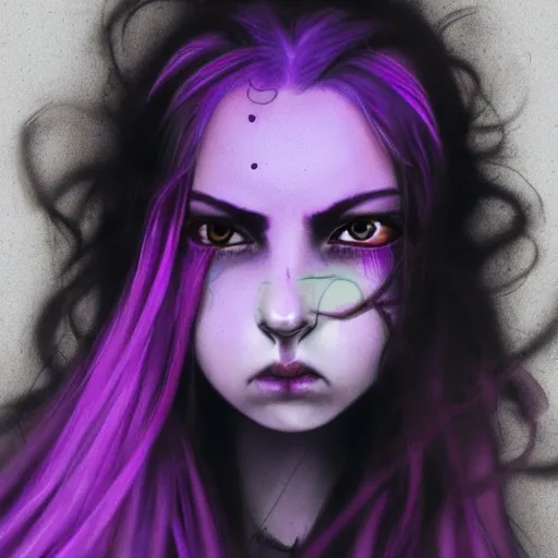 Prompt: detailed photo portrait of a furious teen girl with thin, hair-like purple tentacles on her head and bright purple eyes, 8k, trending on DeviantArt, face enhance,hyper detailed ,full of colour, dramatic lightning