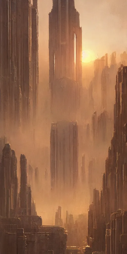 Prompt: greg rutkowski, morning sunrise over highly detailed artdeco palace