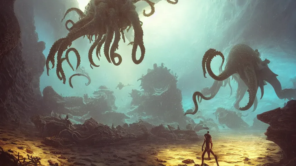 Image similar to A diver is under the sea, he is swimming away from the giant Cthulhu that is behind hunting him, this is an extravagant planet with wacky wildlife and some mythical animals, the background is full of ancient ruins, the ambient is dark with a terrifying atmosphere, by Jordan Grimmer digital art, trending on Artstation,
