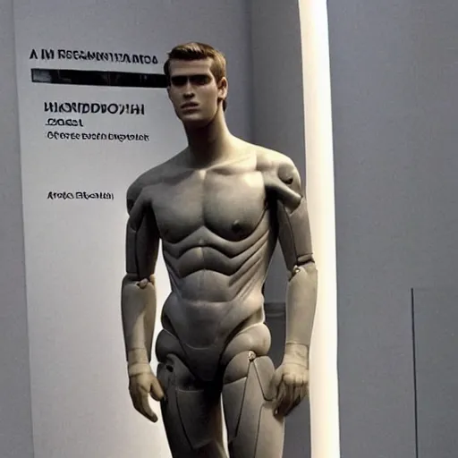 Image similar to “ a realistic detailed photo of a guy who is an attractive humanoid who is half robot and half humanoid, who is a male android, actor liam hemsworth, shiny skin, posing like a statue, blank stare, at the museum, on display ”