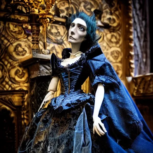 Image similar to photo taken of an epic intricate, ultra detailed, super realistic stop motion puppet of a majestic gracious regal aristocratic vampire in a gothic victorian filmset studio created by weta workshop and directed by tim burton, menacing, close up shots, photorealistic, sharp focus, gloomy, extremely cold blueish colour temperature, 3 5 mm, f 1. 4