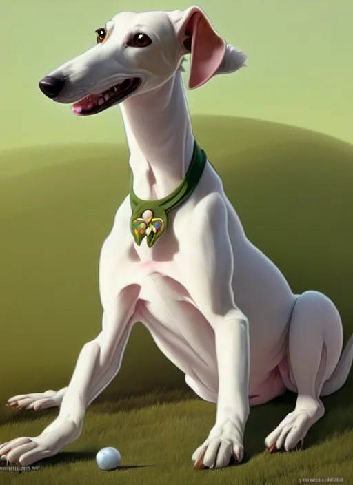 Prompt: cute white brown greyhound, green toy bone on floor, natural lighting, path traced, highly detailed, high quality, digital painting, by don bluth and ross tran and studio ghibli and alphonse mucha, artgerm