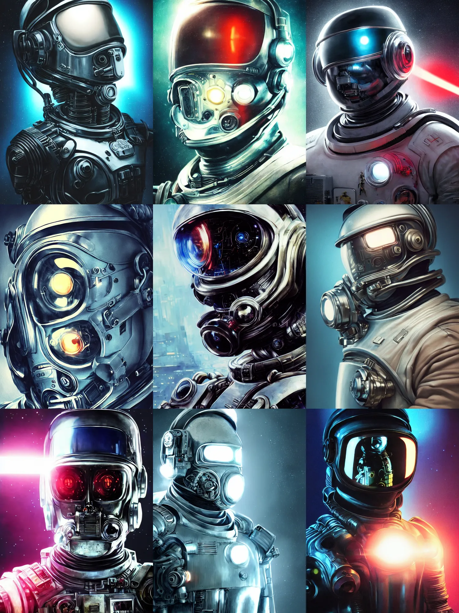 Image similar to portrait art of 8k ultra realistic retro futuristic terminator astronaut helmet, lens flare, atmosphere, glow, detailed,intricate,blade runner, cybernetic, full of colour, cinematic lighting, trending on artstation, 4k, hyperrealistic, focused, extreme details,unreal engine 5, cinematic, masterpiece, art by ayami kojima, giger